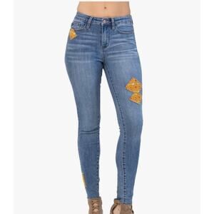 Judy Blue Mid Rise Skinny Jeans Boho Patch 70s Print Denim Stretch Fit Jeans